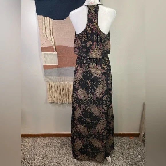 PARKER black 100% Silk Floral Cross Stitch Spaghetti Straps Maxi Blouson Dress S - Picture 4 of 7